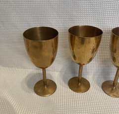 Vintage Gold Tone Metal Wine Goblets Set of 4 Stemmed Barware Glasses
