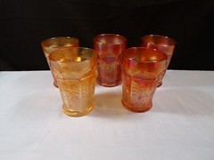 Set of 5 Fenton Marigold Carnival Glass Butterfly & Berry Pattern Tumblers