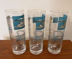 Set of 3 Libbey 7″ Mid Century Modern Gold Teal Riverboat Tumbler Glasses