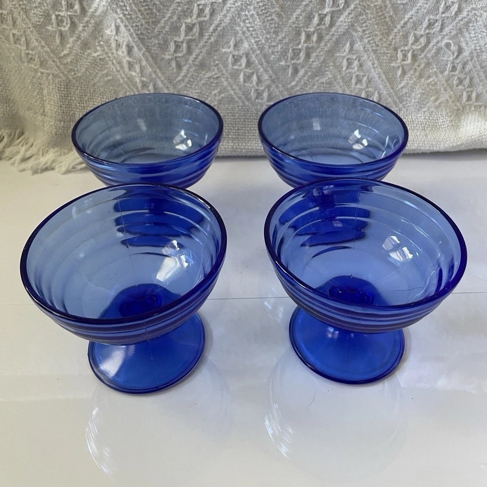 Set of 4 1930/1940 Antique Hazel Atlas Moderntone Blue Champagne/Sherbet Glasses