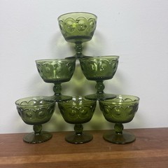 Vintage Bartlett-collins Bullseye Cane Avacado Green Glass Low Sherbet 6 Pc Set