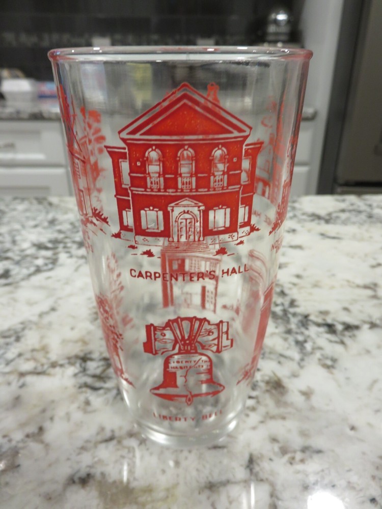 Vintage Hazel Atlas 1 Pint Sour Cream Glass Red Philadelphia Landmarks EX LOOK