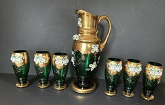 Vtg Bohemian Emerald Green 24k Gold Pained Flowers Water Pitcher & Glass Set