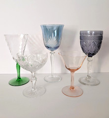 5 VTG Mismatched Crystal Wine Goblets Mixed Barware Colored Stemware Glasses