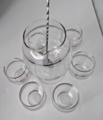 MCM Anchor Hocking Cocktail Set Silver Bands Original Box Silver Trim Lot of 8