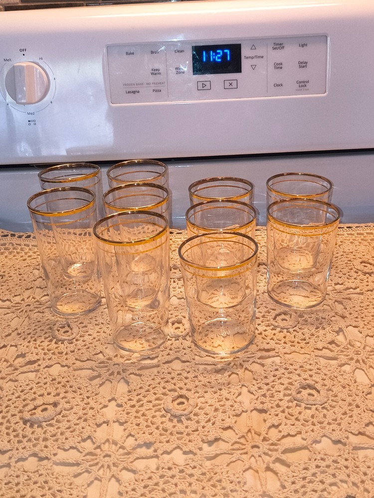 Vintage Set of 10 Federal Glass Company Tumblers and Rock Glasses, Gold Tr 1950s