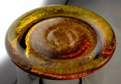 Pair Signed Studio Art Glass Small Tumblers Amber Foot Black Rim