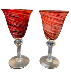 Blown Glass Art Glass Red And Black Swirl 8” Stemmed Goblets Set Of 2