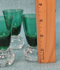6 Vintage Controlled Bubble Bottom Shot / Cordial Glasses – Green 3″ Tall