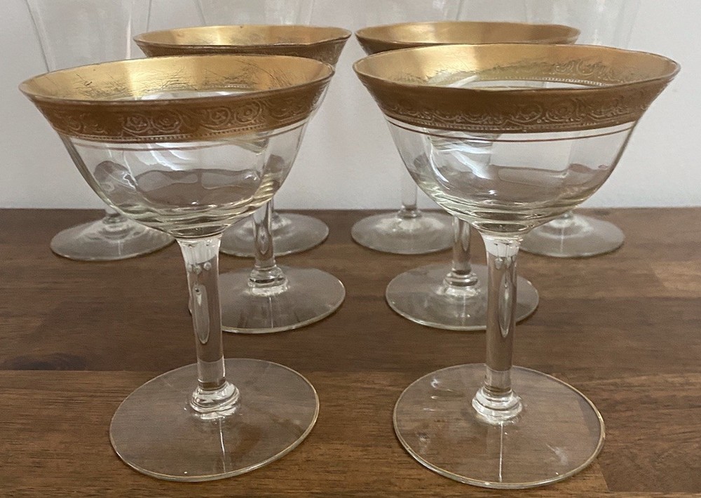 4 Vintage Tall Champagne Gold Encrusted Minton Type Band Unknown Manufacturer