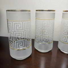 Vintage Libbey Greek Key Frosted Highball Glasses Gold Rim MCM Set of 4