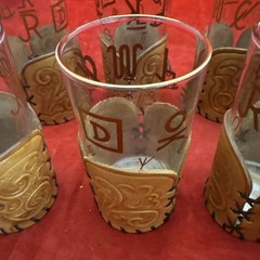 (8) 8oz Highball Glasses Leather Holder Western Cowboy Ranch Brand ML Leddy