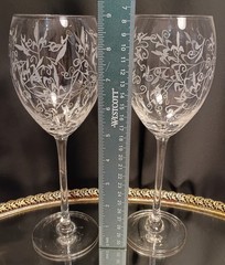 2 Tall Lacy White Scroll Etched Wine Glasses Goblets Pair Set
