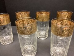 7 VTG MCM Culver Tyrol High Ball Tumbler 22K Gold Gild Band Vertical Cut Barware