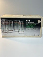 Set of 12 Vintage Libbey Holiday Christmas 16oz Glasses Red Green Stripes Holly