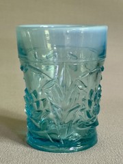 Antique Fenton Blue Opalescent Glass Tumbler ‘Waterlily & Cattail’ Pattern