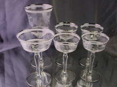 Vtg 6 pc Clear Optic Frosted Bands Grey Cut Floral Platinum Trim
