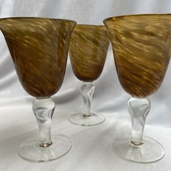 3 Hand Blown Gold Swirl Wine Goblet Glasses Brown Gold Swirl Clear Stem
