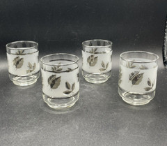 Libbey Juice/Whiskey Glasses 3″ Set of 4 White Frosted with Gold Leaves Vintage