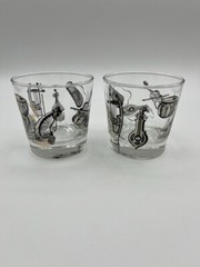 Set of 2 1950s Rocks Glasses Musical Instruments Barware 8 oz Black Gold White