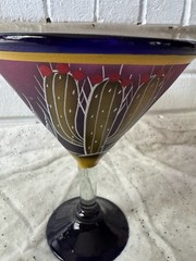 Unmarked Art Glass Cactus Martini Glass Purple Blue Yellow Decorative 7″