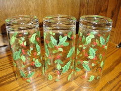 Libbey Glass 3pc CHRISTMAS Holly Berry Tumblers Vintage MCM Festive Barware C30
