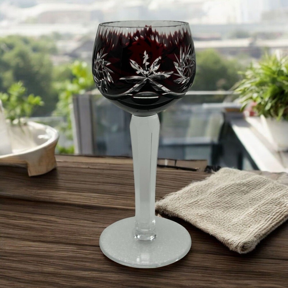 Vintage Bohemian Crystal Wine Goblet Hand Cut Dark Garnet Ruby Red Floral Design