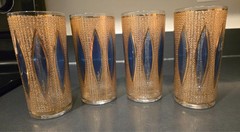 4 CULVER AQUA TIFFANY hiball glasses Gold blue panels FABULOUS CONDITION!