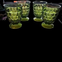4 Vtg Indiana Glass Colony Whitehall Avocado Green 9oz Footed Tumblers 4.25″ MCM