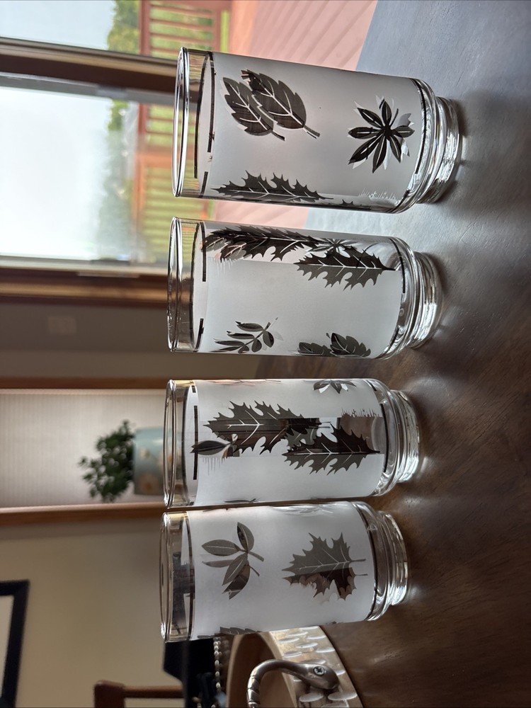 Vtg MCM Libbey Silver Leaf Frosted Glass Tumblers 5 1/2″ tall Set of 4