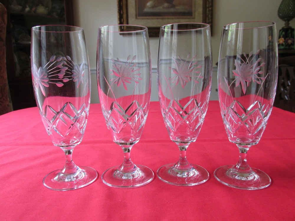 Set of 4 Vtg Bohemia Crystal Czech BOC60 Cut Floral Pilsner Beer Glasses 7 1/8″