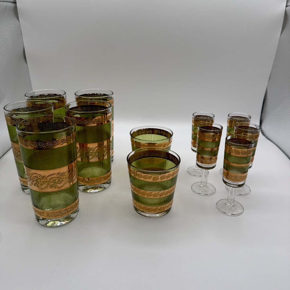 MCM Culver Starlyte Rocks Glasses Green Gold Lot Of 12 Total True Vintage