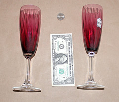 Pilgrim Cranberry Glass Fluted Champagne Glasses 9″ Ribbed- Handmade w/ GOLD USA
