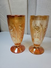 2Jeanette Iris Herringbone Marigold 6″ Footed Iridescent Carnival Glass Tumblers