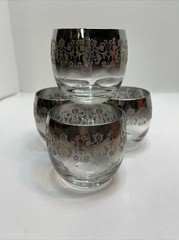 Encrusted Platinum Flowers and Leaves Roly Poly Glasses 3.5″ Tall Set of 4