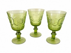 Set Of Three Vintage 1970’s FTD Pressed Green Glass Footed Goblets 7” Glasses