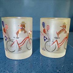 Culver Frosted Patriotic July 4th BICYCLE Dachshunds Glasses Set NEW IN BOX