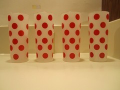 Vintage Frosted Glass Tumblers ~ Red Polka Dot Set of 4 ~ Barware ~ 6.5”