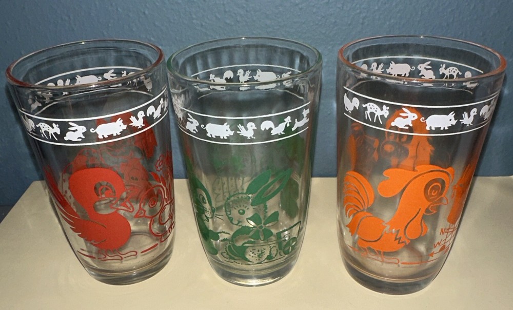 3 Swanky Swig Juice Glasses Vtge Kids 3.5″ tumblers Cat Bunny Hen Bird Elephant