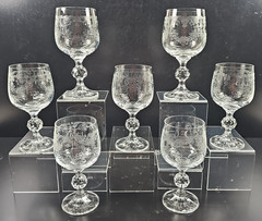 7 Import Assoc Cascade Wine Glass Set Vintage Floral Etch Cut Stemware Retro Lot