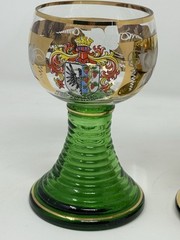 BEAUTIFUL SET(3) GERMAN Green/Gold Etched Grapes & Leaves Glass Goblets MARKED