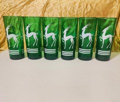 Hazel Atlas Green Gazelle Collins Glasses Set of 7 Vintage MCM Highball Barware