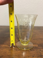 SET(5) VTG Topaz Yellow 4.75″H Floral Etched Optic Panel Glasses Uv Reactive