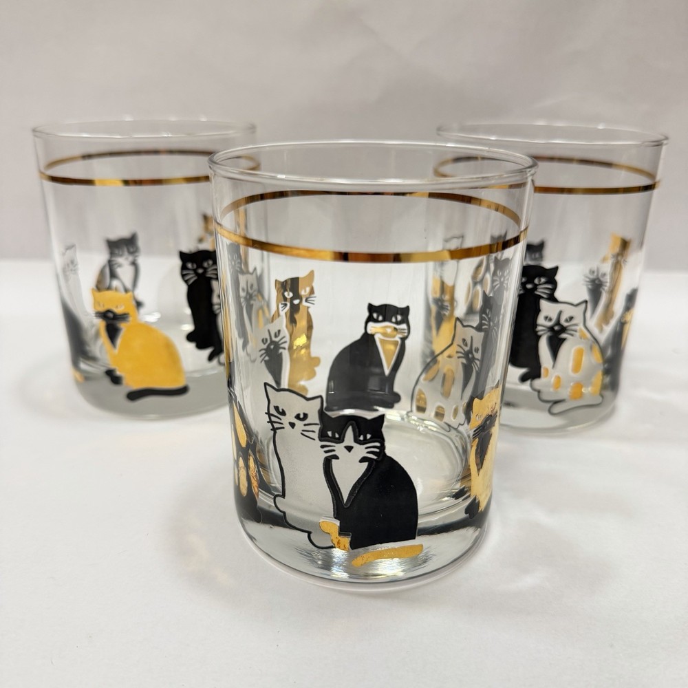 Culver 22K Gold Black White Cat LowBall Double Old Fashioned Glass Set Of 3
