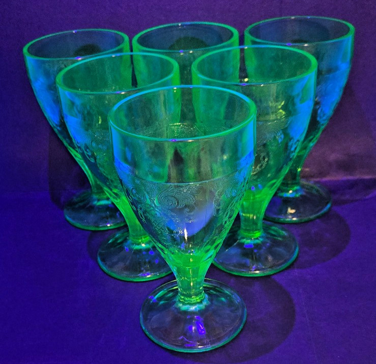 Set of 6- Fostoria Co, Versailles Pattern, Uranium Glass ice Tea Goblets, 1930s