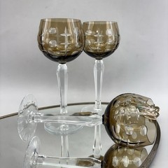 Set/3 Cut To Clear Smoke Bohemian Crystal Hock Wine Glasses 7.25” Mint Amber