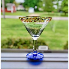 Hand Blown 1lb Mexican Confetti Spattered Margarita Glass w/ Blue Base Festive