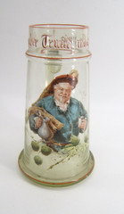 BEAUTIFUL GLASS ENAMELED BEER STEIN MUG WITH FIGURE 19TH CENTURY