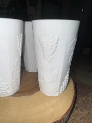 Vintage white milk glass tumbler set, 4 drinking glass set grape design about 6″