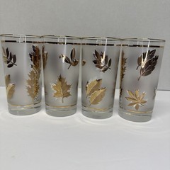 4 Vintage LIBBEY Golden Foliage Gold Leaf Frosted 12 oz Highball MCM Glasses